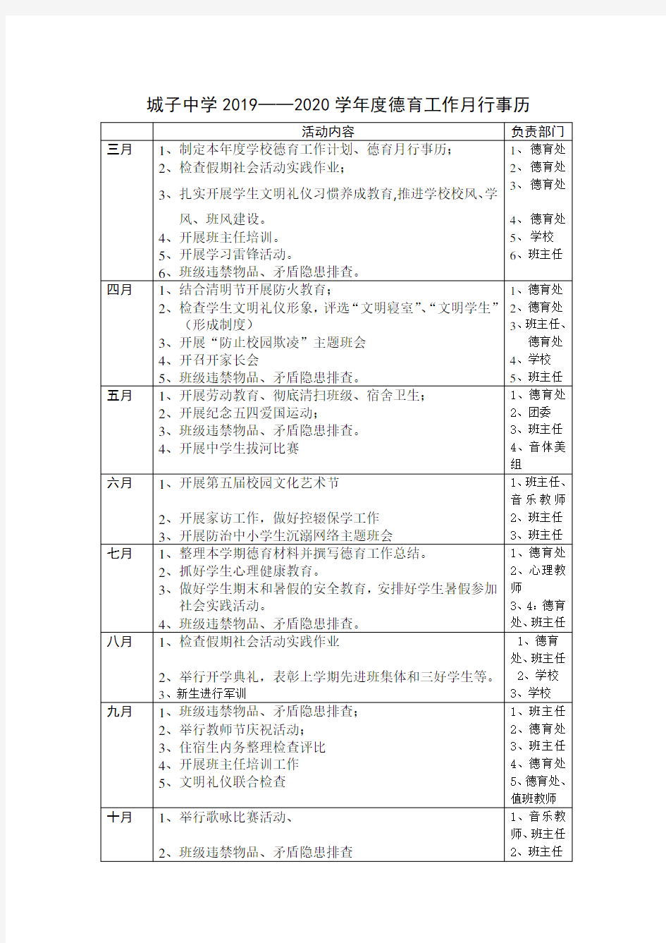 2020德育月行事历