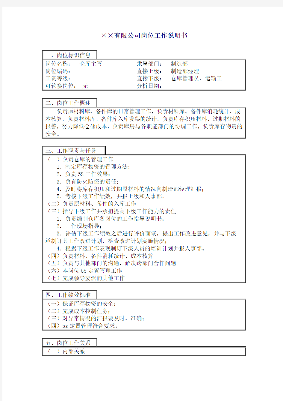 仓库主管职位说明书-公司全套岗位说明书