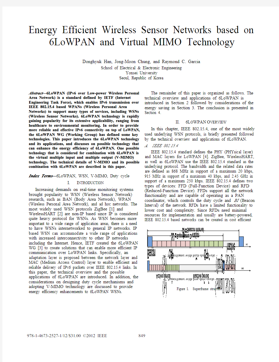 Energy Efficient Wireless Sensor Networks based on 6LoWPAN and Virtual MIMO Technology