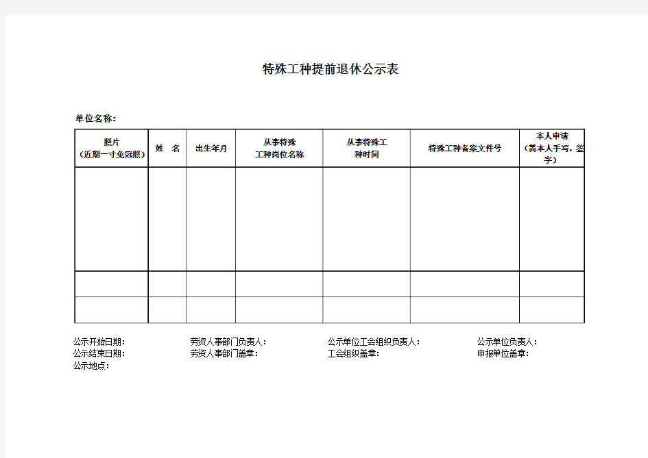 特殊工种提前退休公示表