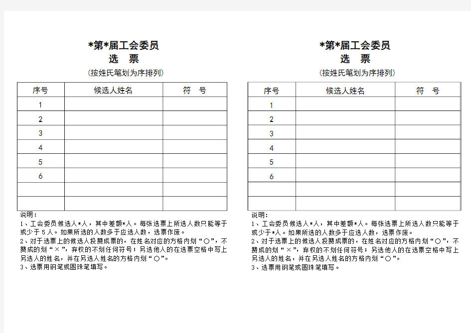 中学工会换届选举选票