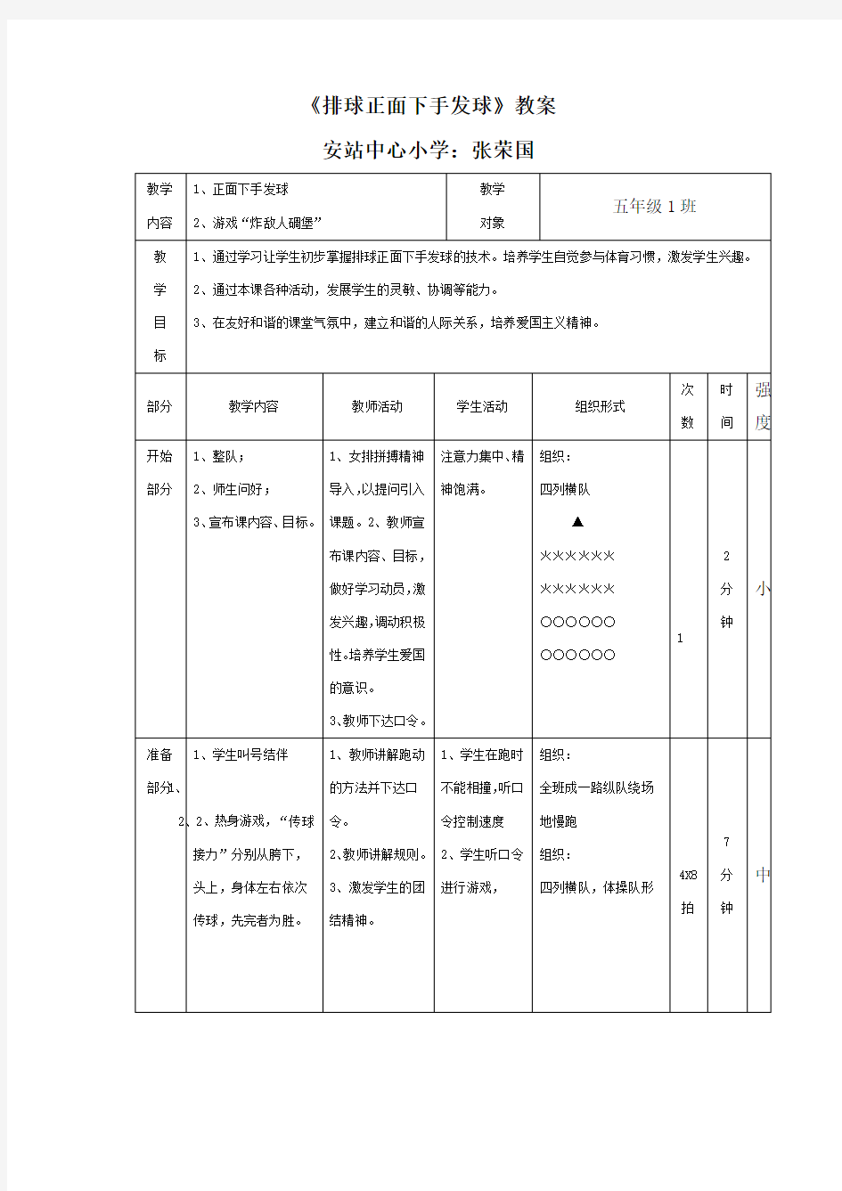 排球正手下手发球教案