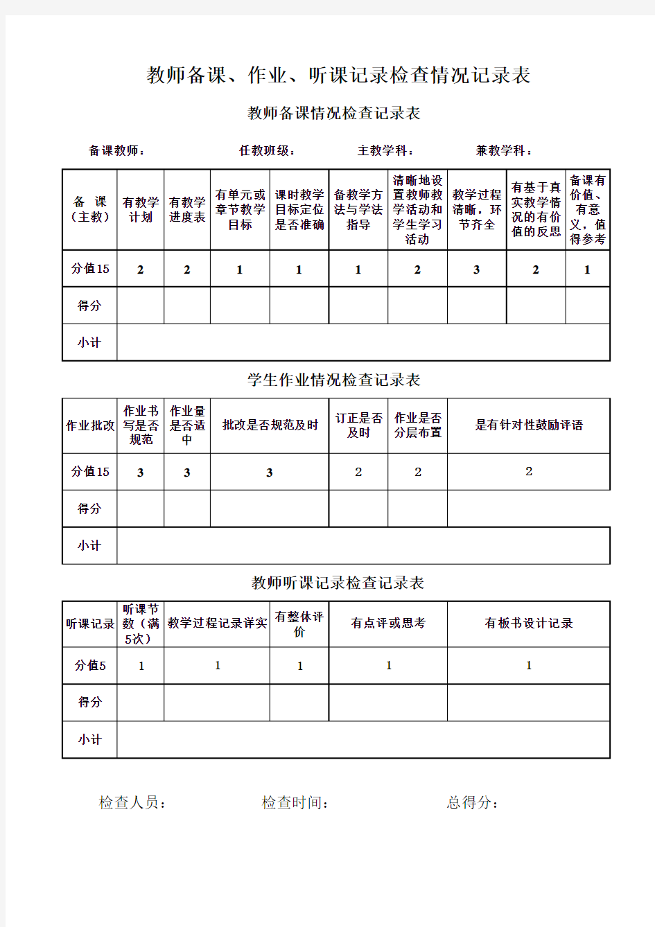 作业教案听课记录检查表