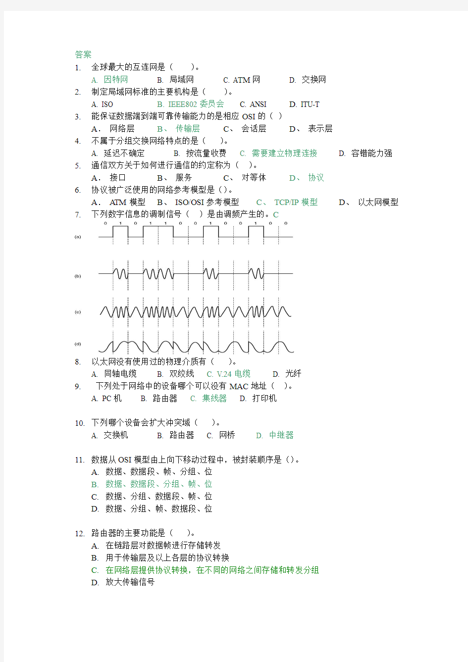 计算机网络技术期末复习题(100选择题)