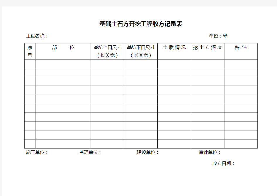 基础土石方开挖工程收方记录表