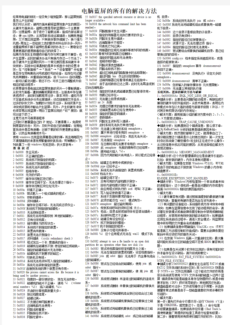 电脑蓝屏的所有的解决方法