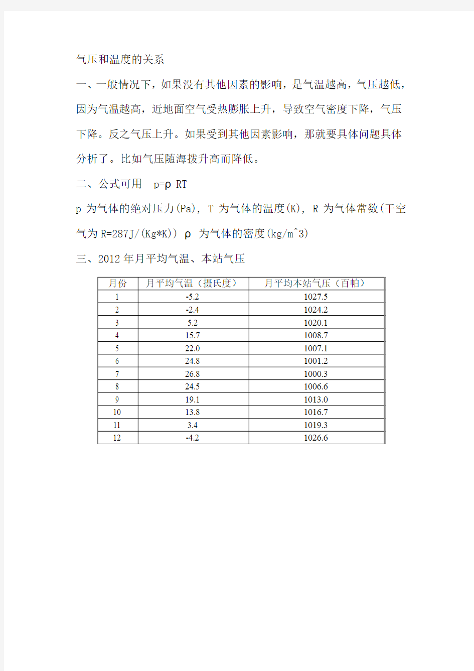 气压与温度的关系