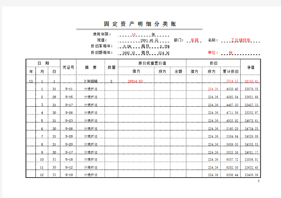 EXCEL版固定资产明细账