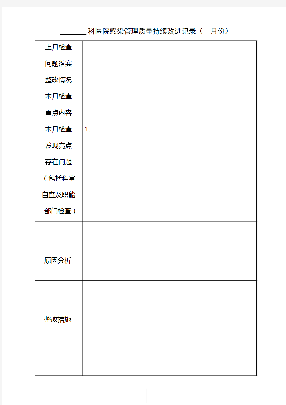 科室医院感染管理质量持续改进记录