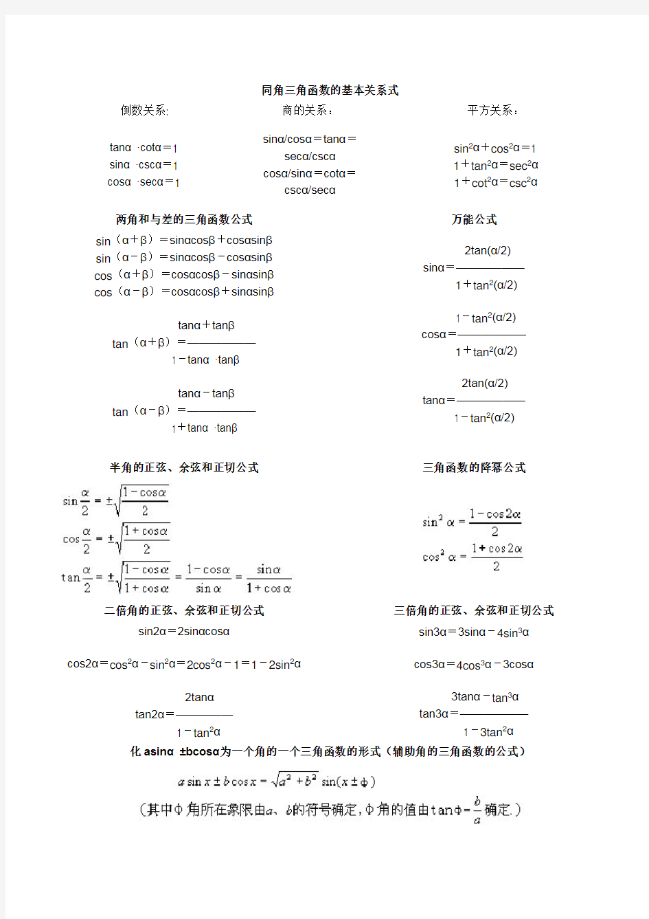 同角三角函数的基本关系式