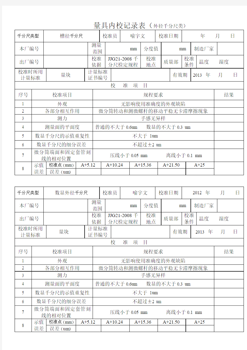 外径千分尺内校记录表