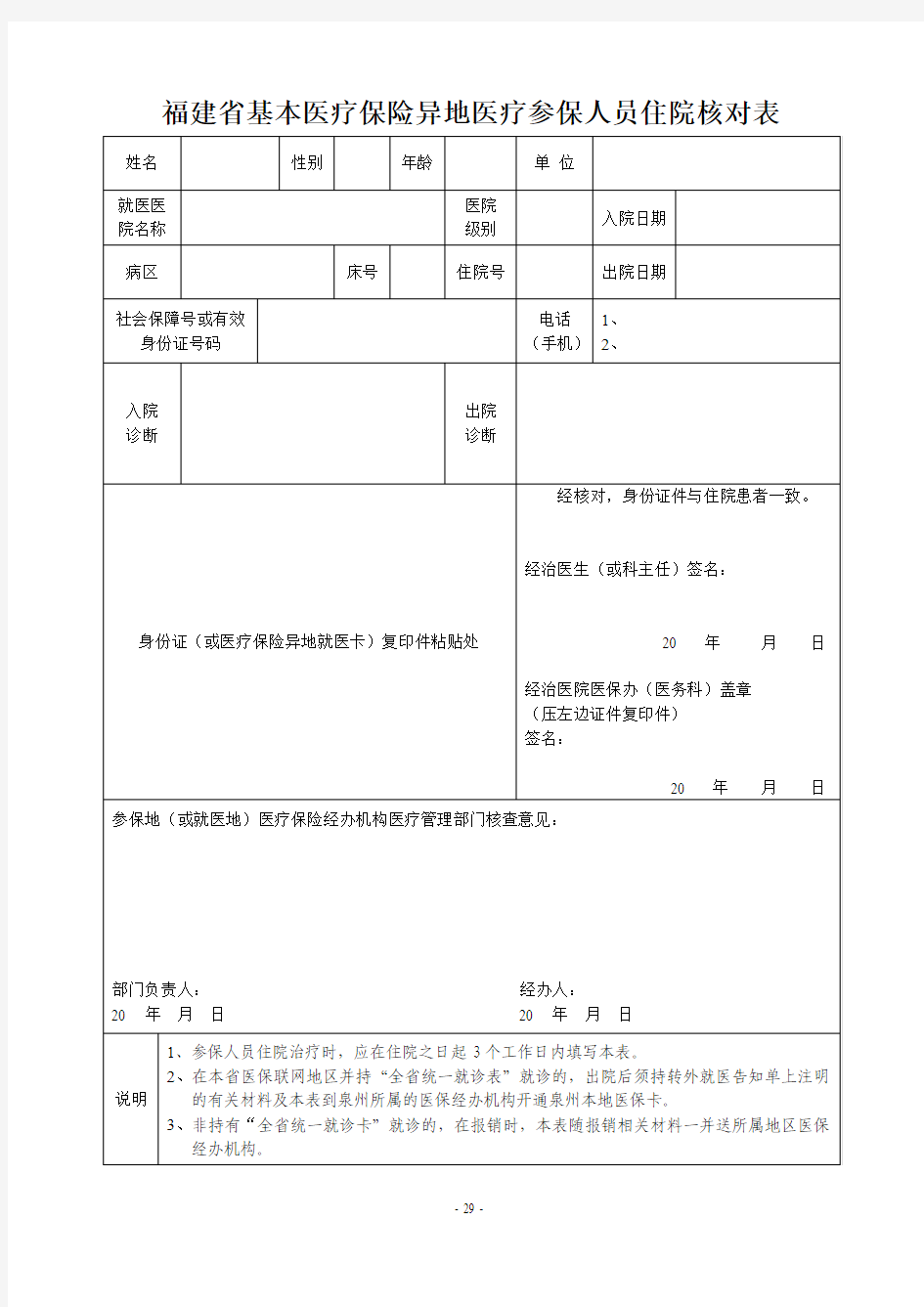 福建省基本医疗保险异地医疗参保人员住院核对表