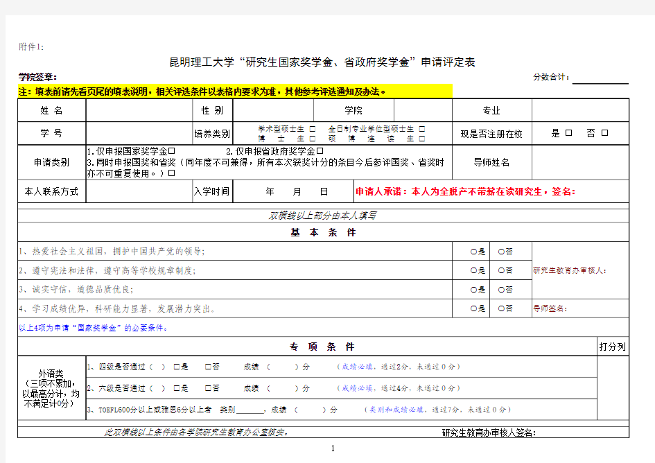 昆明理工大学“研究生国家奖学金、省政府奖学金”申请评定表