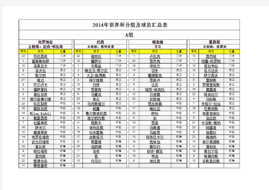 2014年巴西世界杯球员名单(带球衣号)