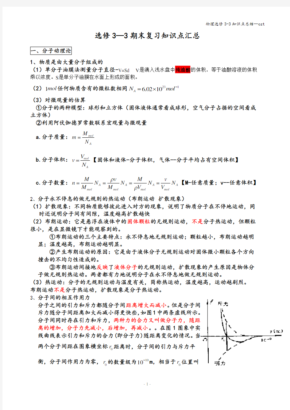 高中物理选修3-3知识点整理