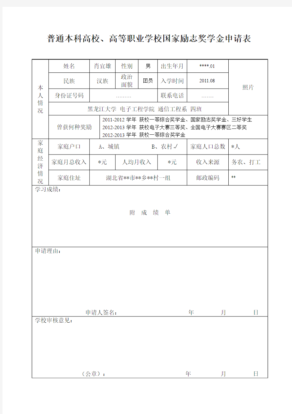 2013国家励志奖学金申请表(样表)