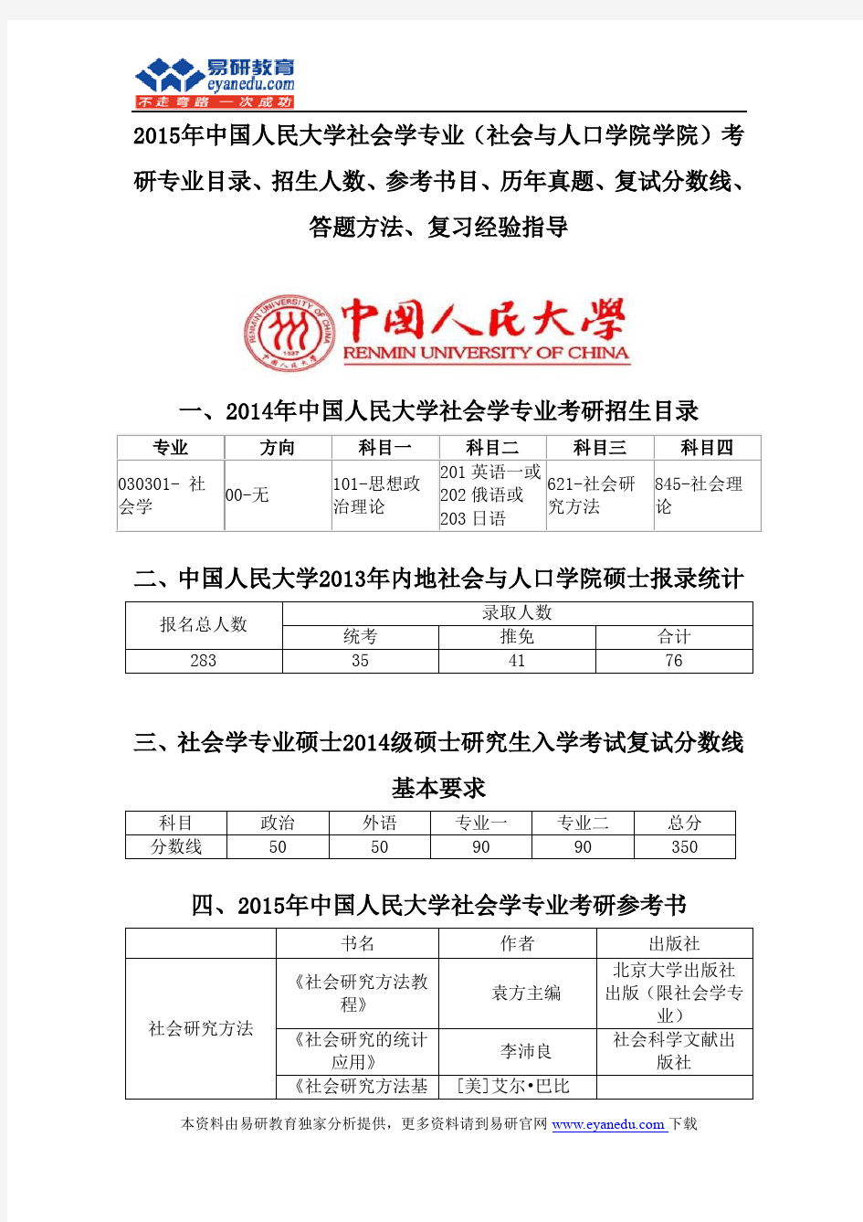 2015中国人民大学社会学专业(社会与人口学院学院)考研专业目录招生人数参考书目历年真题复试分数线