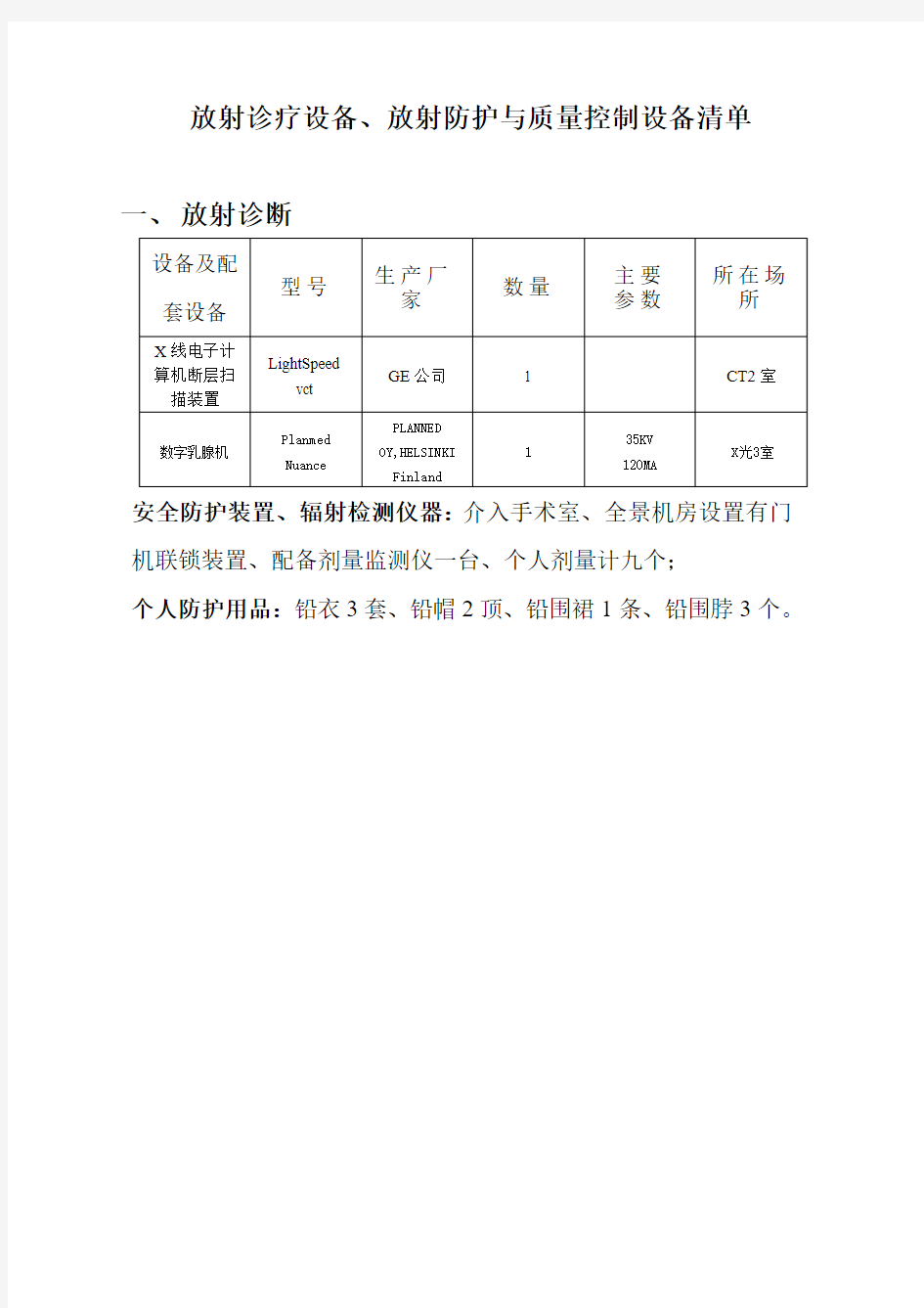 放射诊疗设备、放射防护与质量控制设备清单