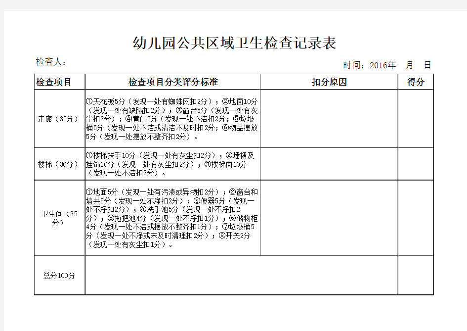 幼儿园公共区域卫生检查表