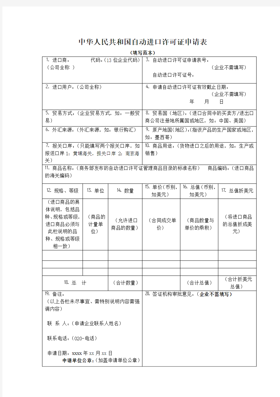 中华人民共和国自动进口许可证申请表(填写范本)