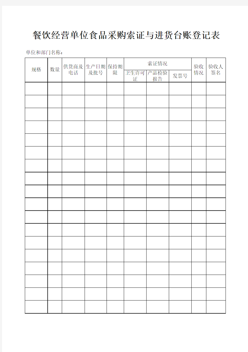 餐饮经营单位食品采购索证与进货台账登记表