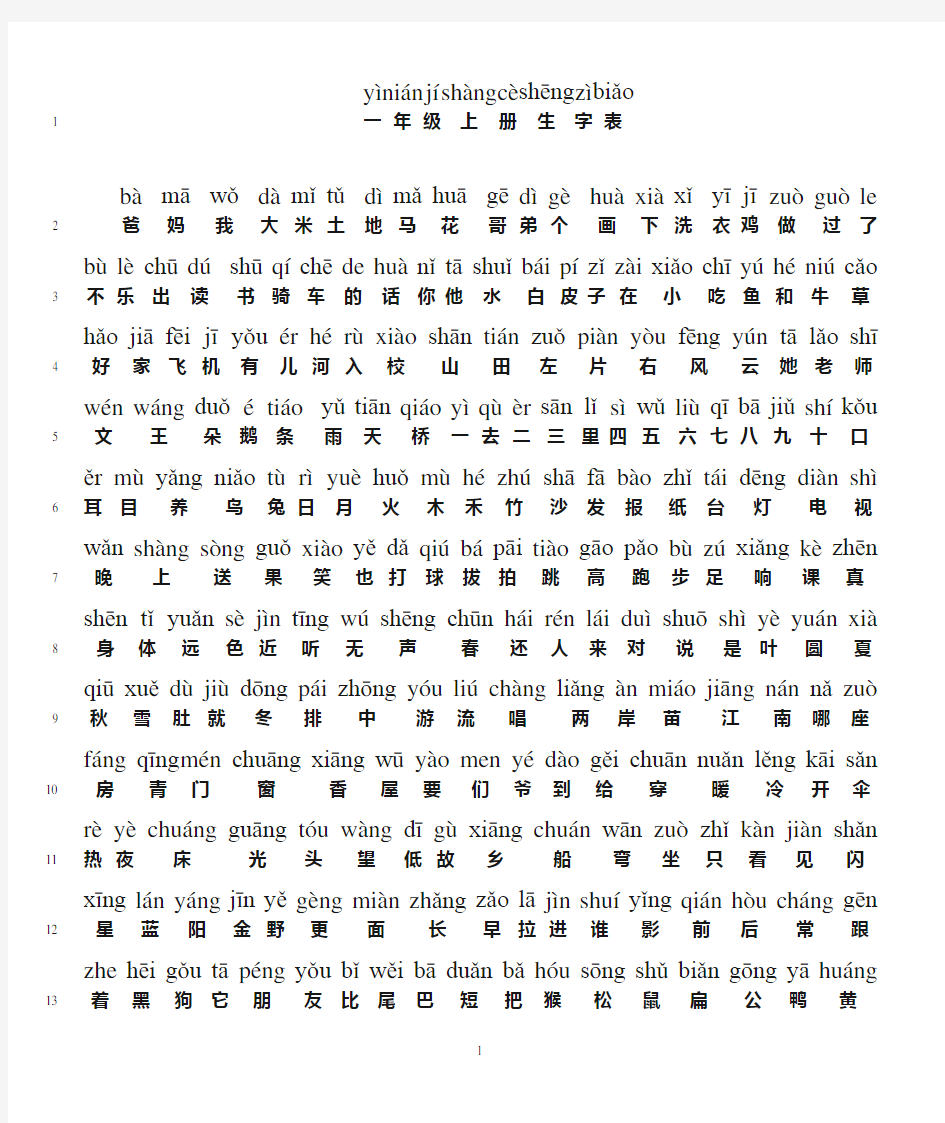 最新人教版一年级上册生字表带拼音