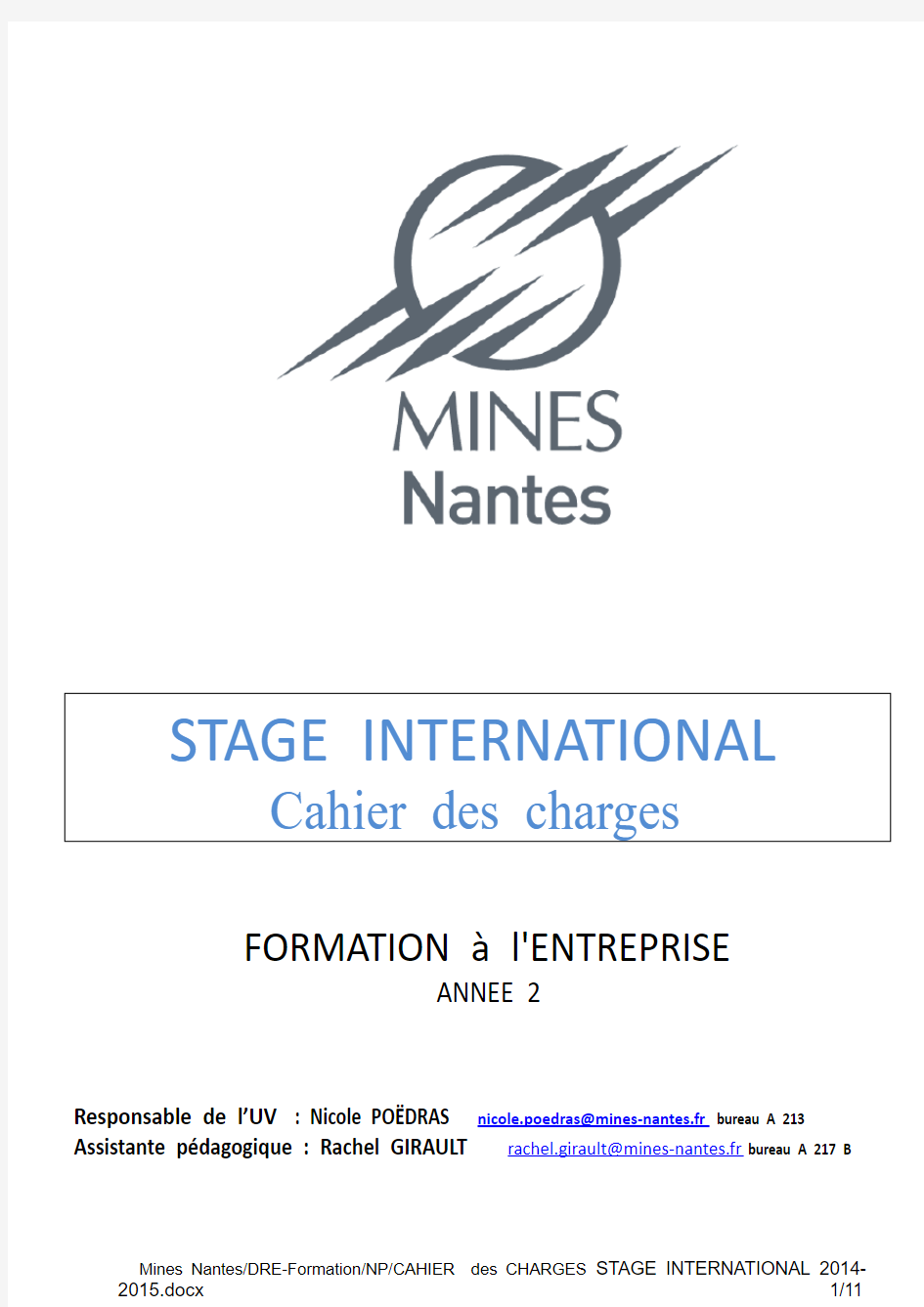 CAHIER  des CHARGES STAGE INTERNATIONAL 2014-2015