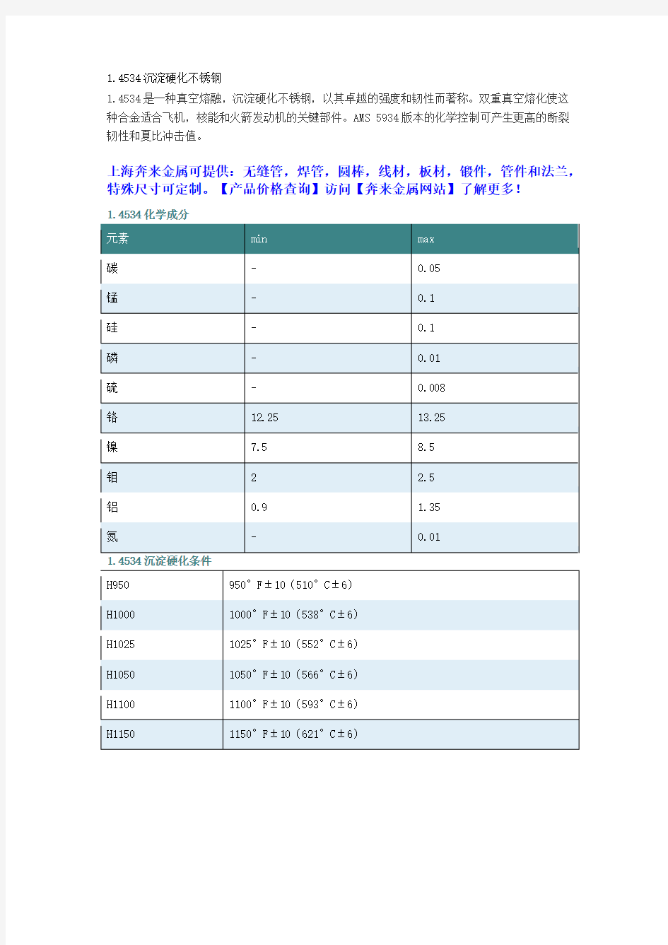 1.4534沉淀硬化不锈钢