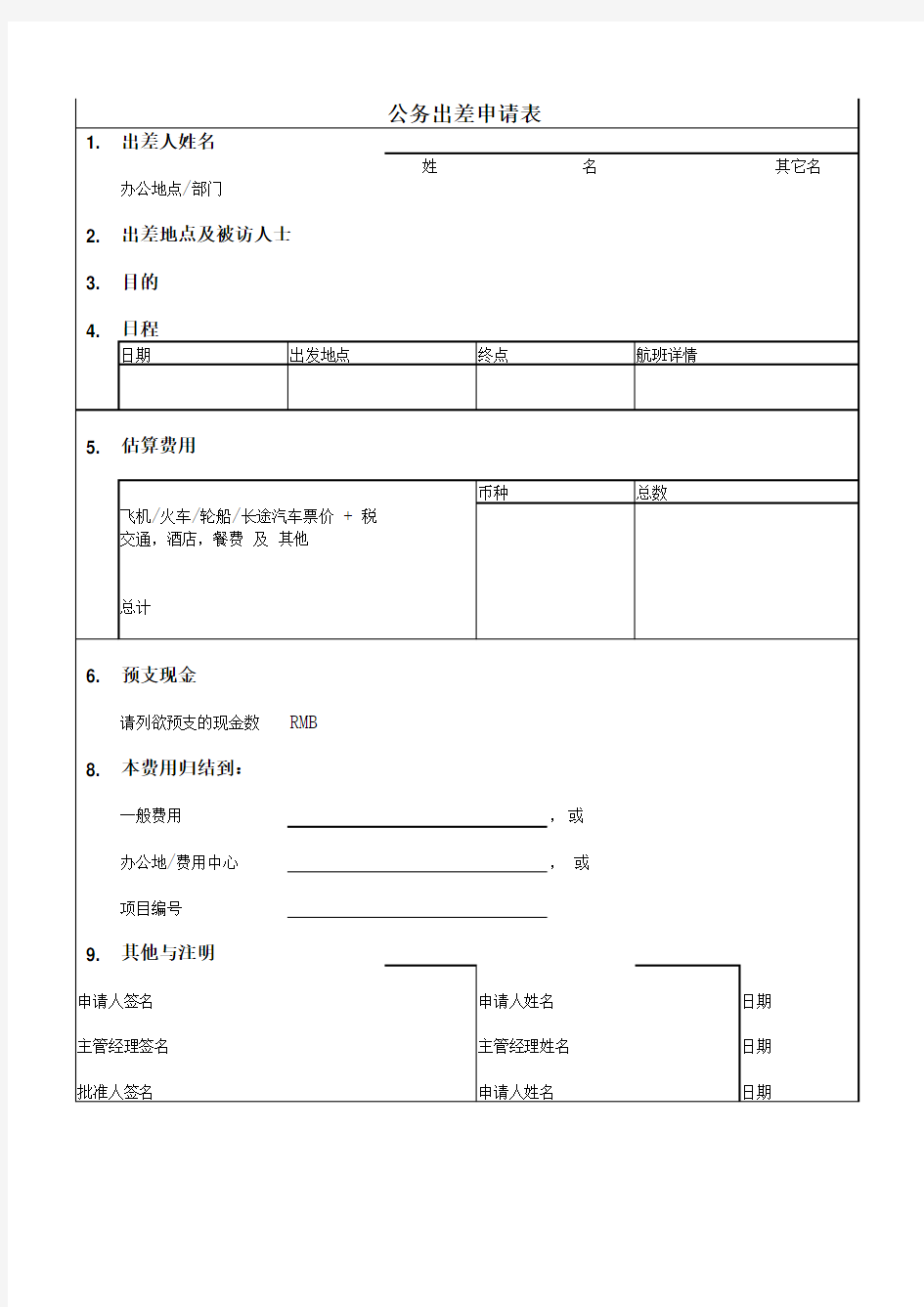 公务出差申请表模板