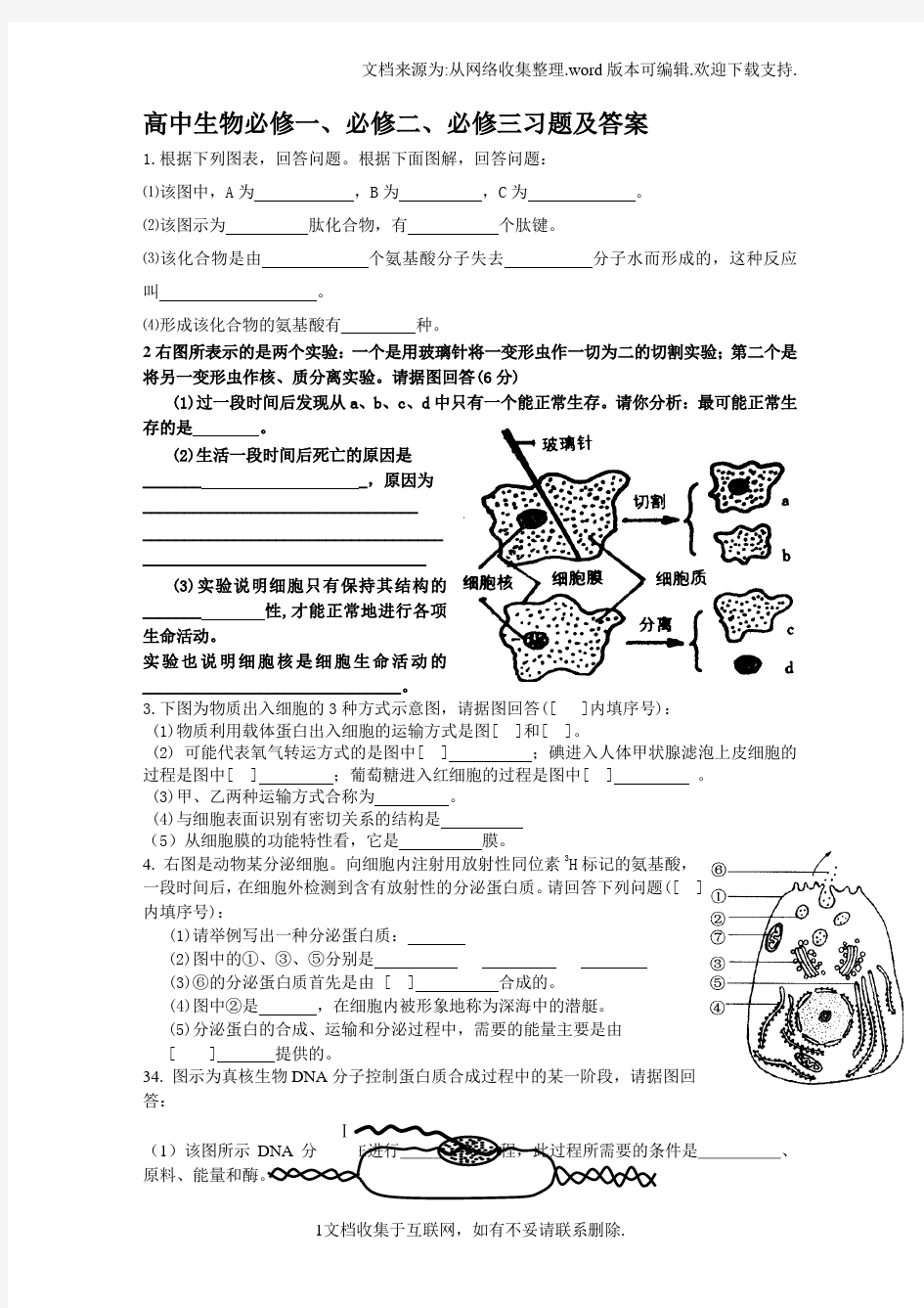 高中生物必修一、必修二、必修三习题及答案