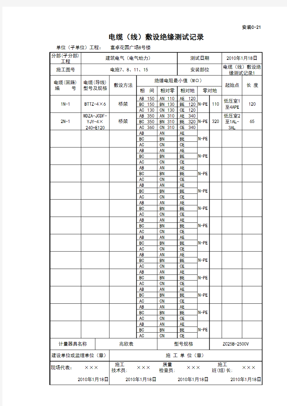 电缆(线)敷设绝缘测试记录1