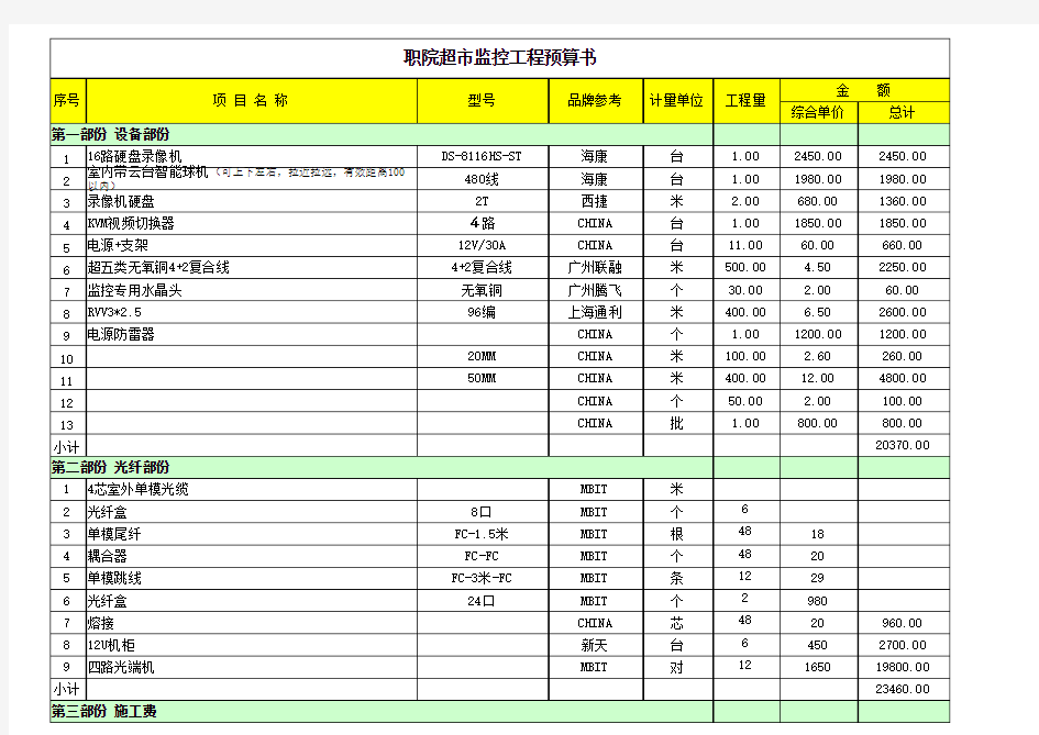 安防监控工程预算书报价书