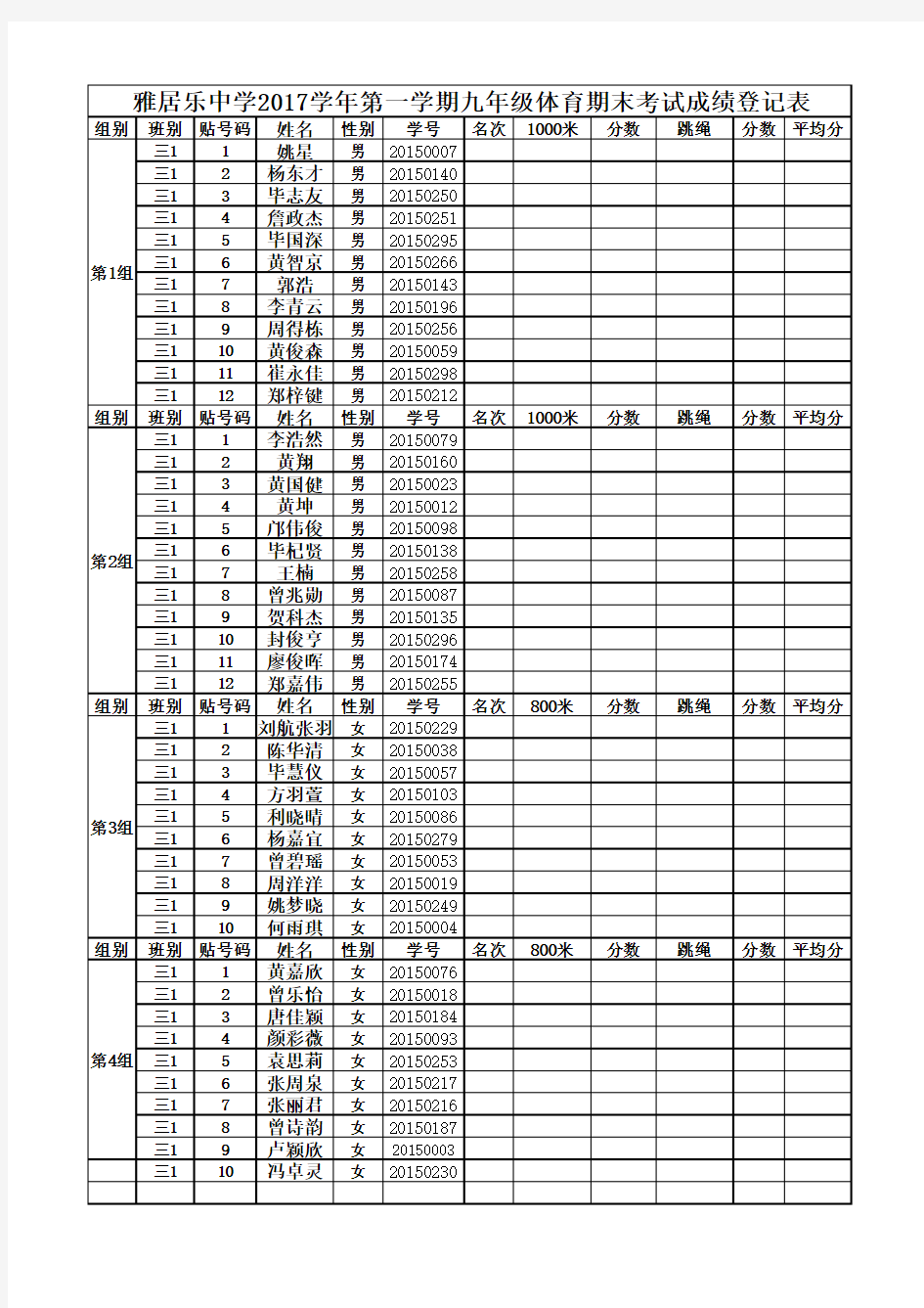 九年级体育期末考试成绩登记表