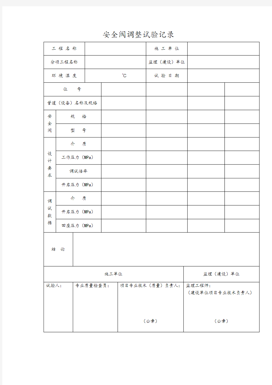 安全阀调整试验记录