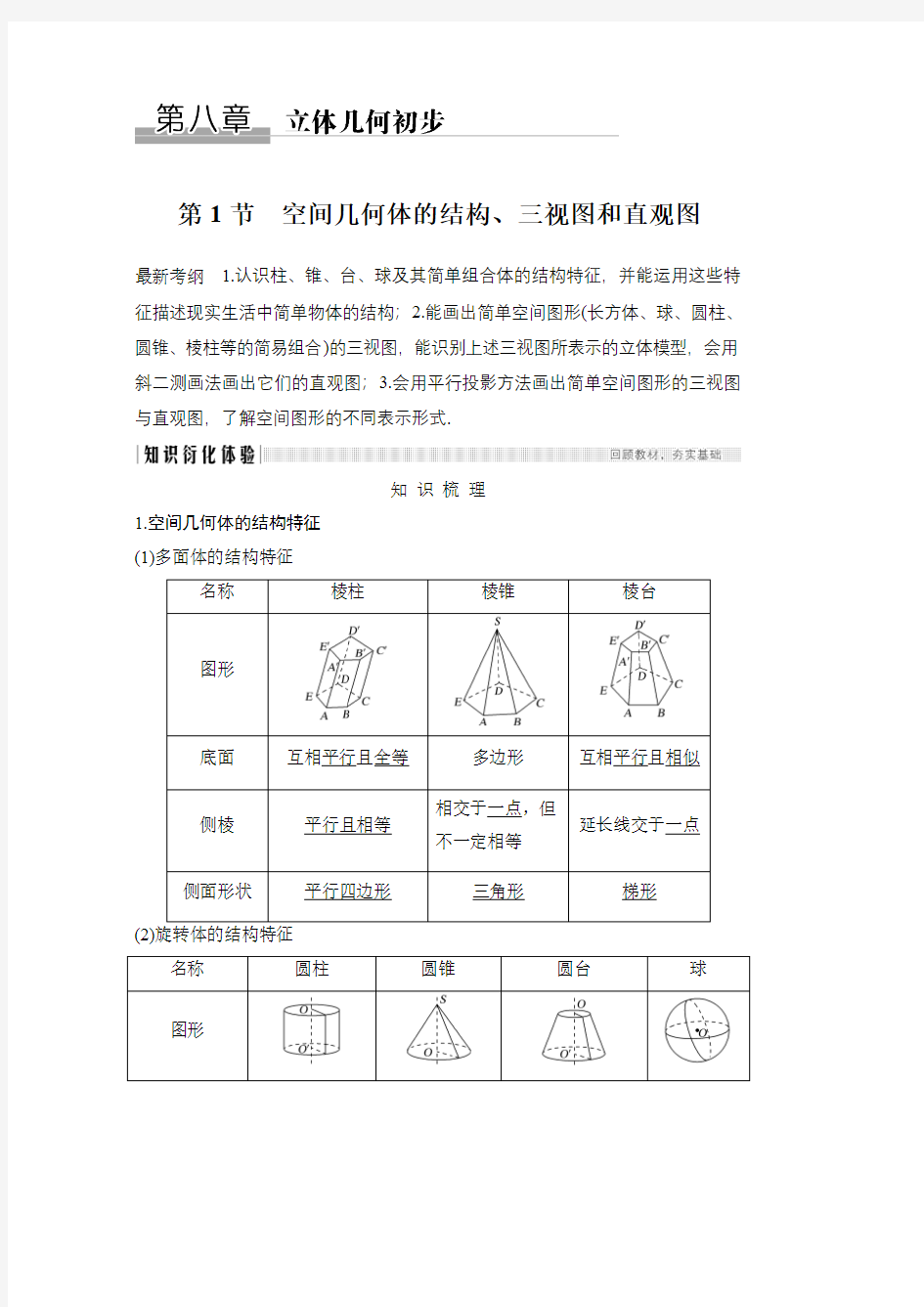 2020春人教B版高三高考总复习数学文科必考知识点第八章第1节 空间几何体的结构、三视图和直观图