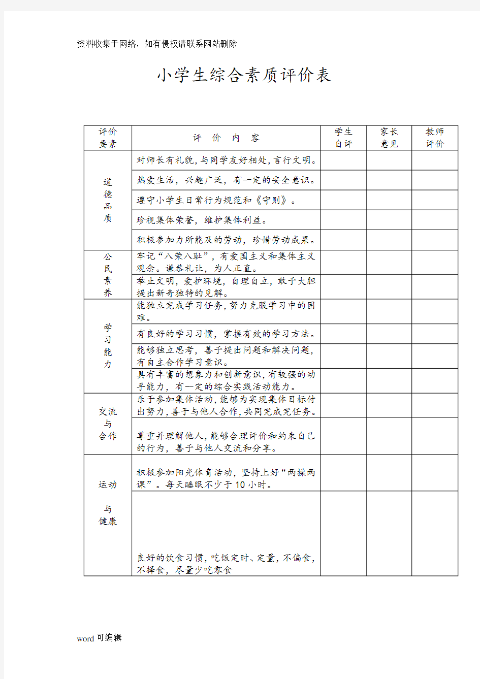 小学生综合素质评价(表)资料