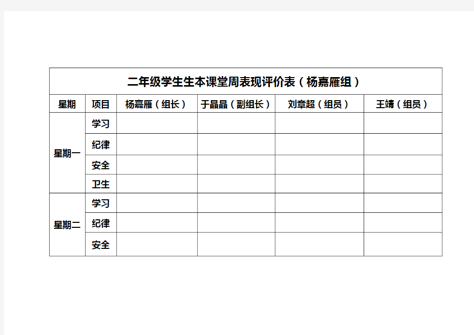 二年级学生课堂表现评价表