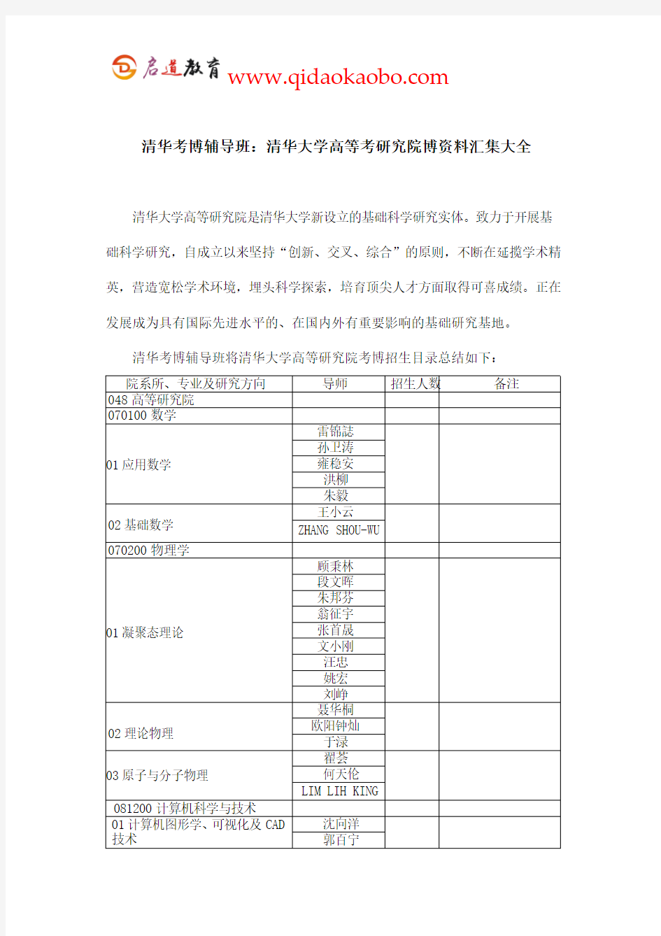 清华考博辅导班：清华高等研究院考博资料汇集大全