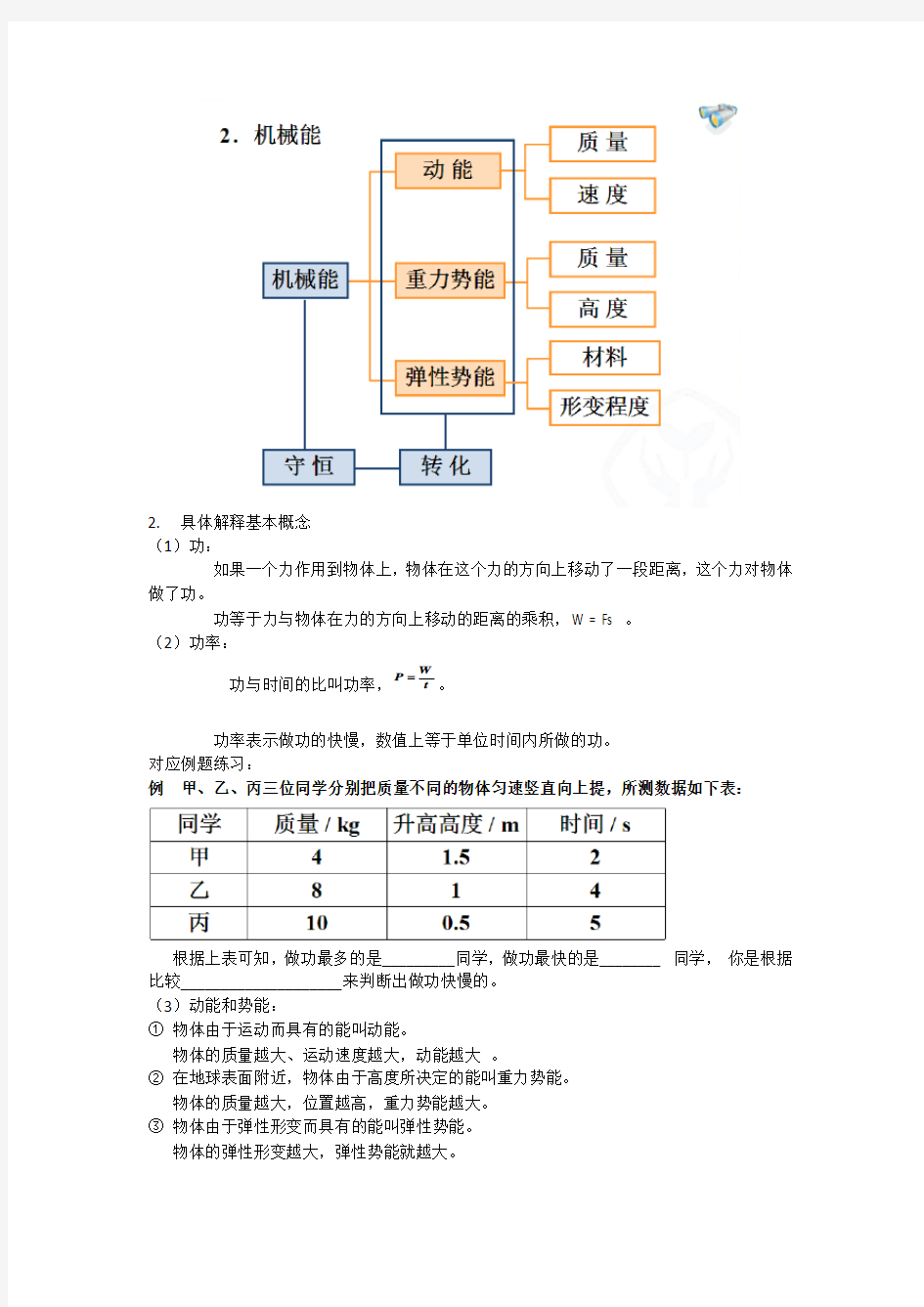 《功和机械能》复习教案