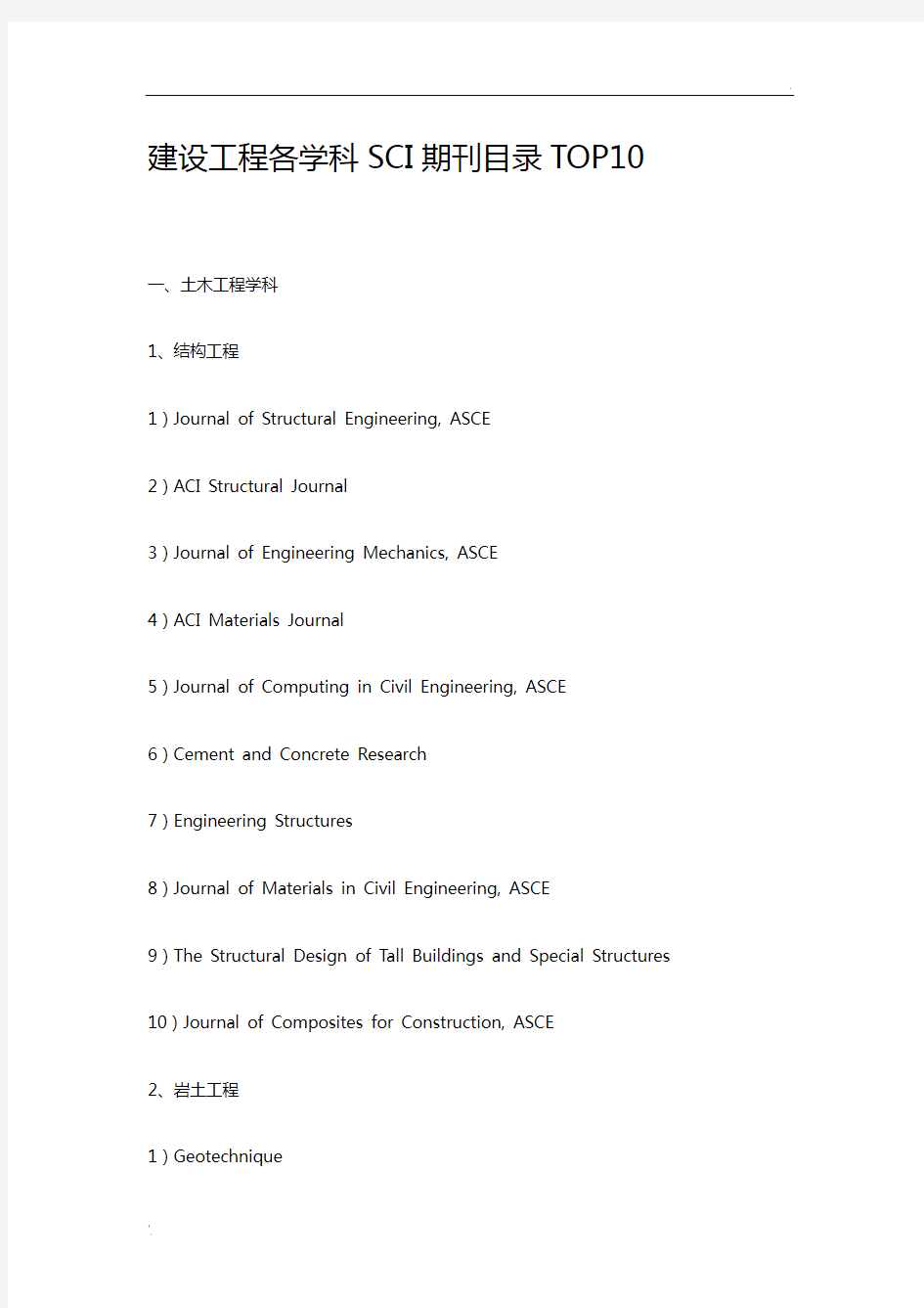 土木工程各学科SCI期刊目录TOP10