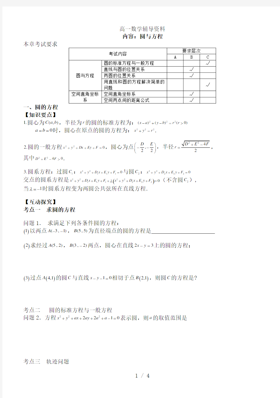 高中数学圆的方程专题复习