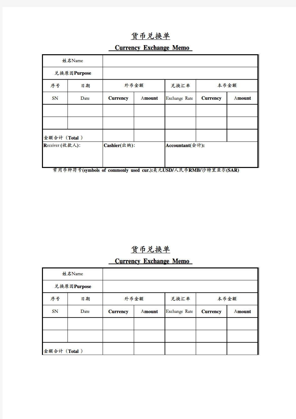 货币兑换单