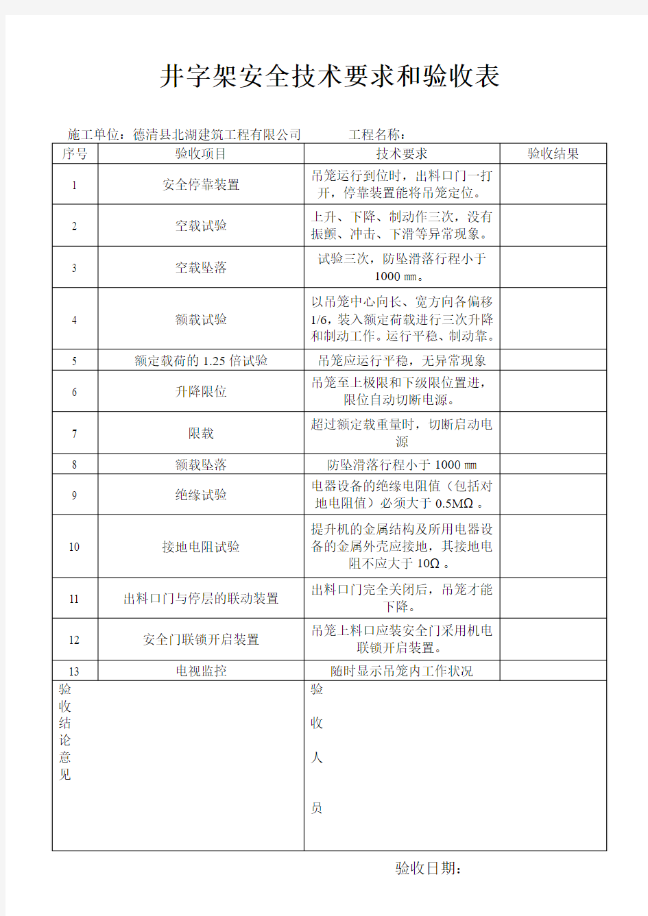 井字架安全技术要求和验收表