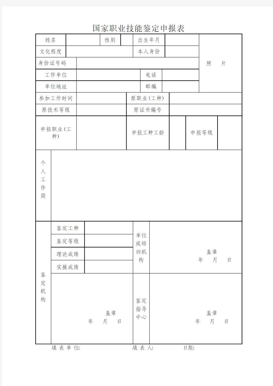 人社局培训国家职业技能鉴定申报表