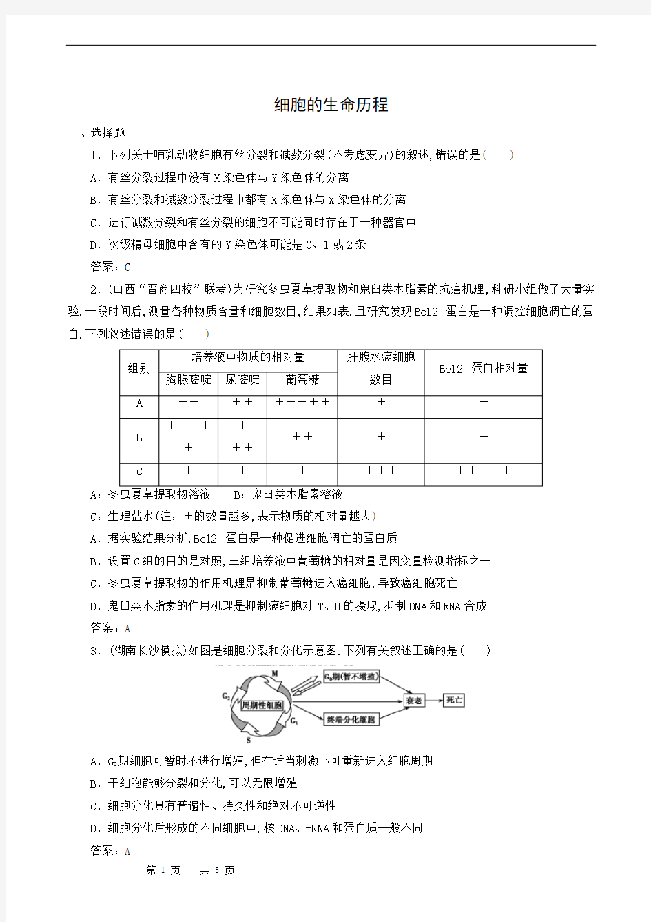 高中生物专题复习：细胞的生命历程