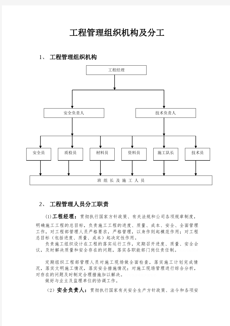 项目管理制度组织机构及分工