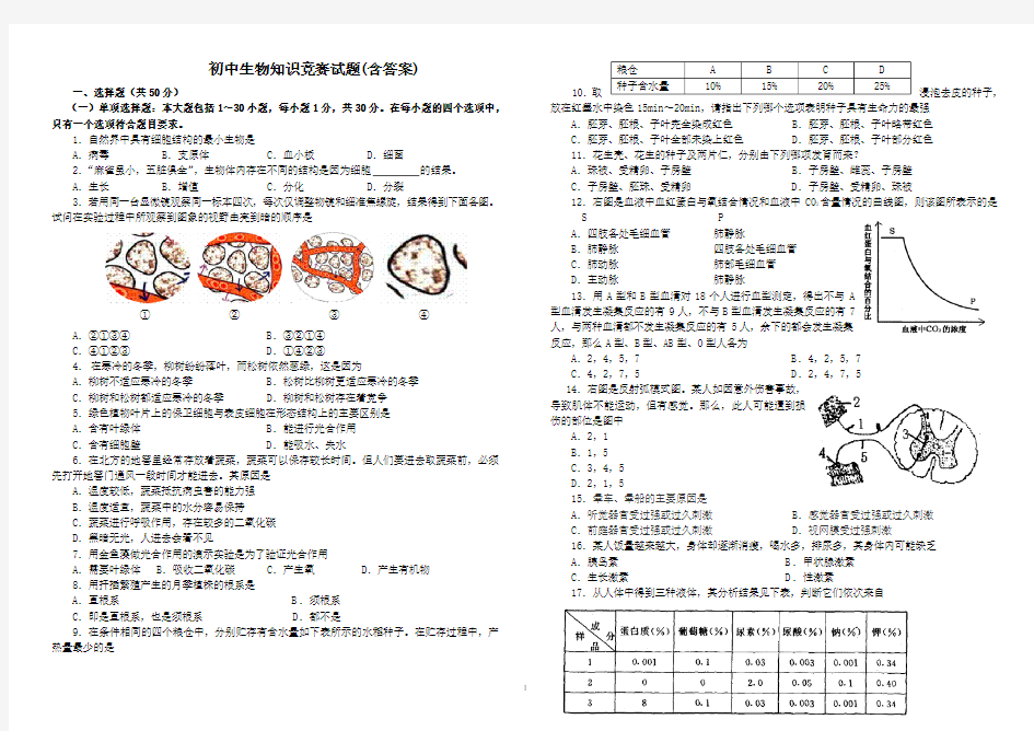 初中生物知识竞赛试题(含答案)