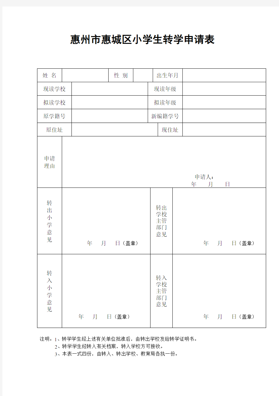 惠州市惠城区小学生转学申请表