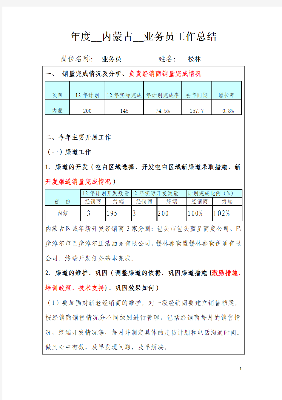 汽车润滑油(内蒙古)业务员工作总结