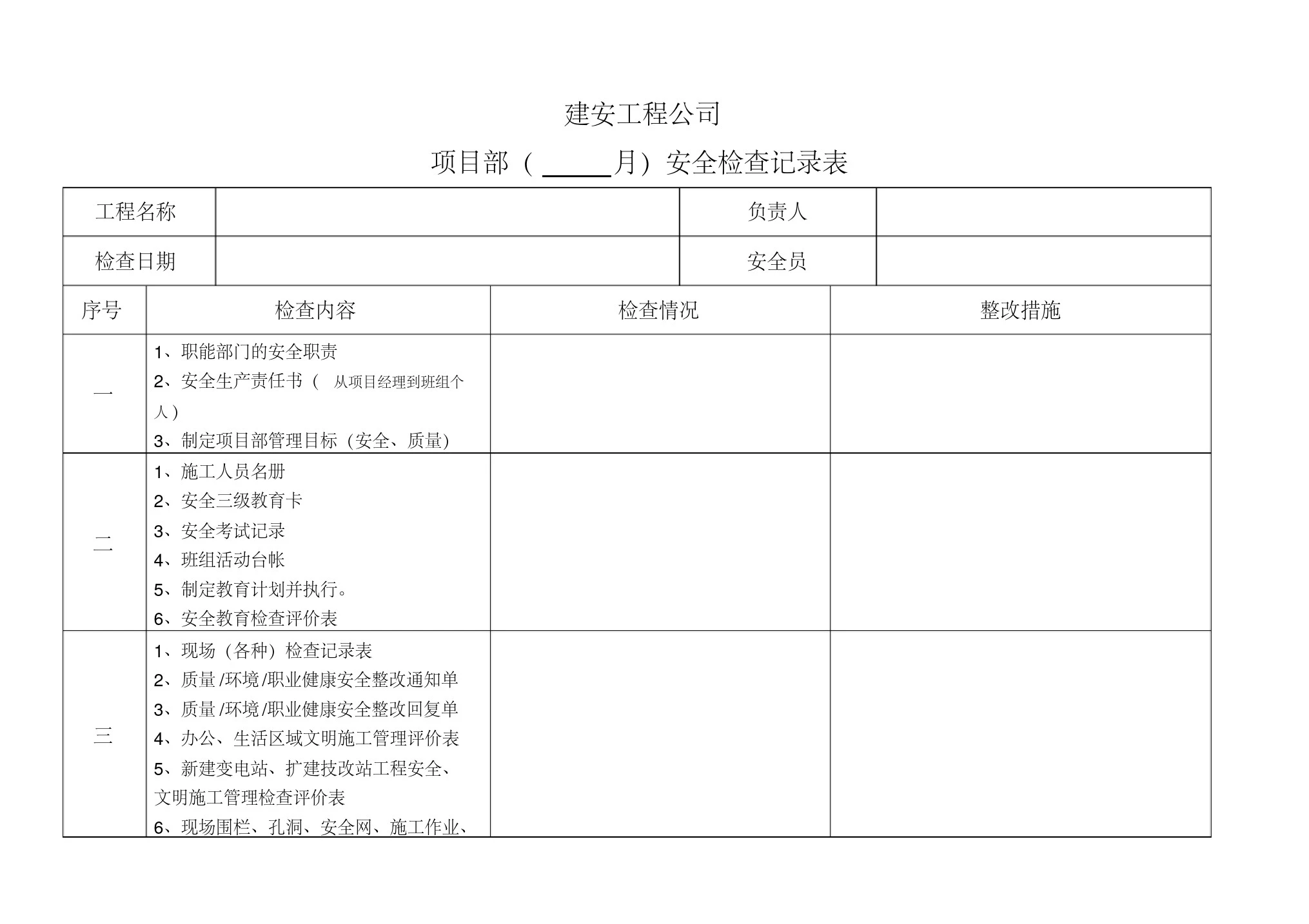 建安项目部月度安全检查表(版)知识讲解(20200610072549)